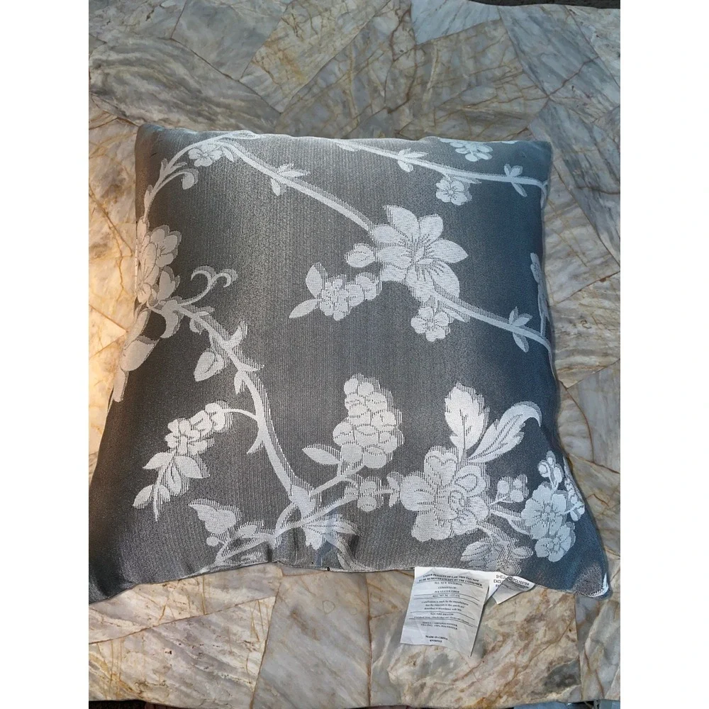 Grey White Floral Jacquard Square Decorative Throw Pillow 18x18 Accent